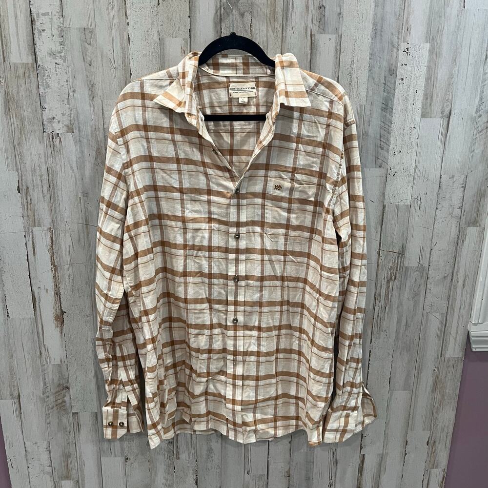 Southern Tide Botany Bay Plaid Long Sleeve Sport Shirt: Sand White Mens Large
